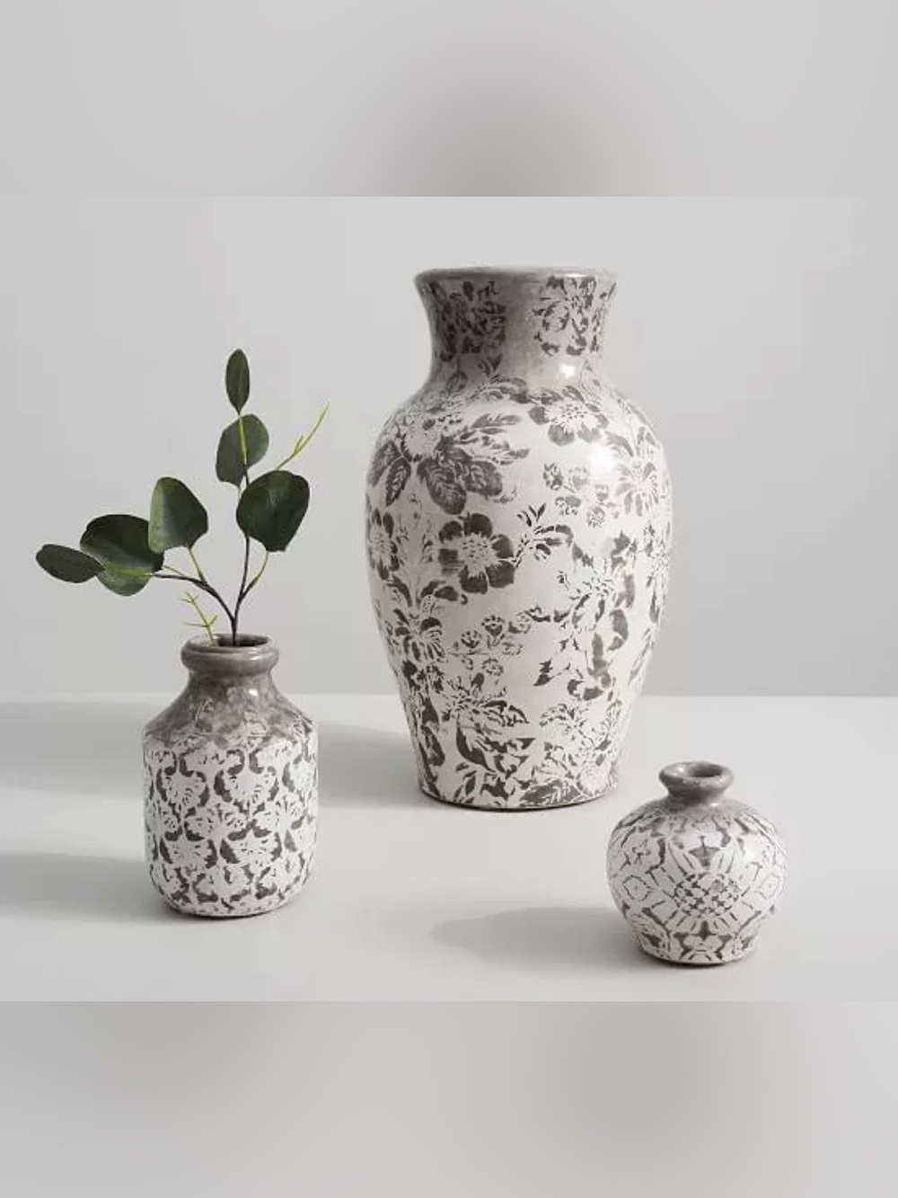 Pottery Barn Gray & White Patterned Ceramic Vase Duo